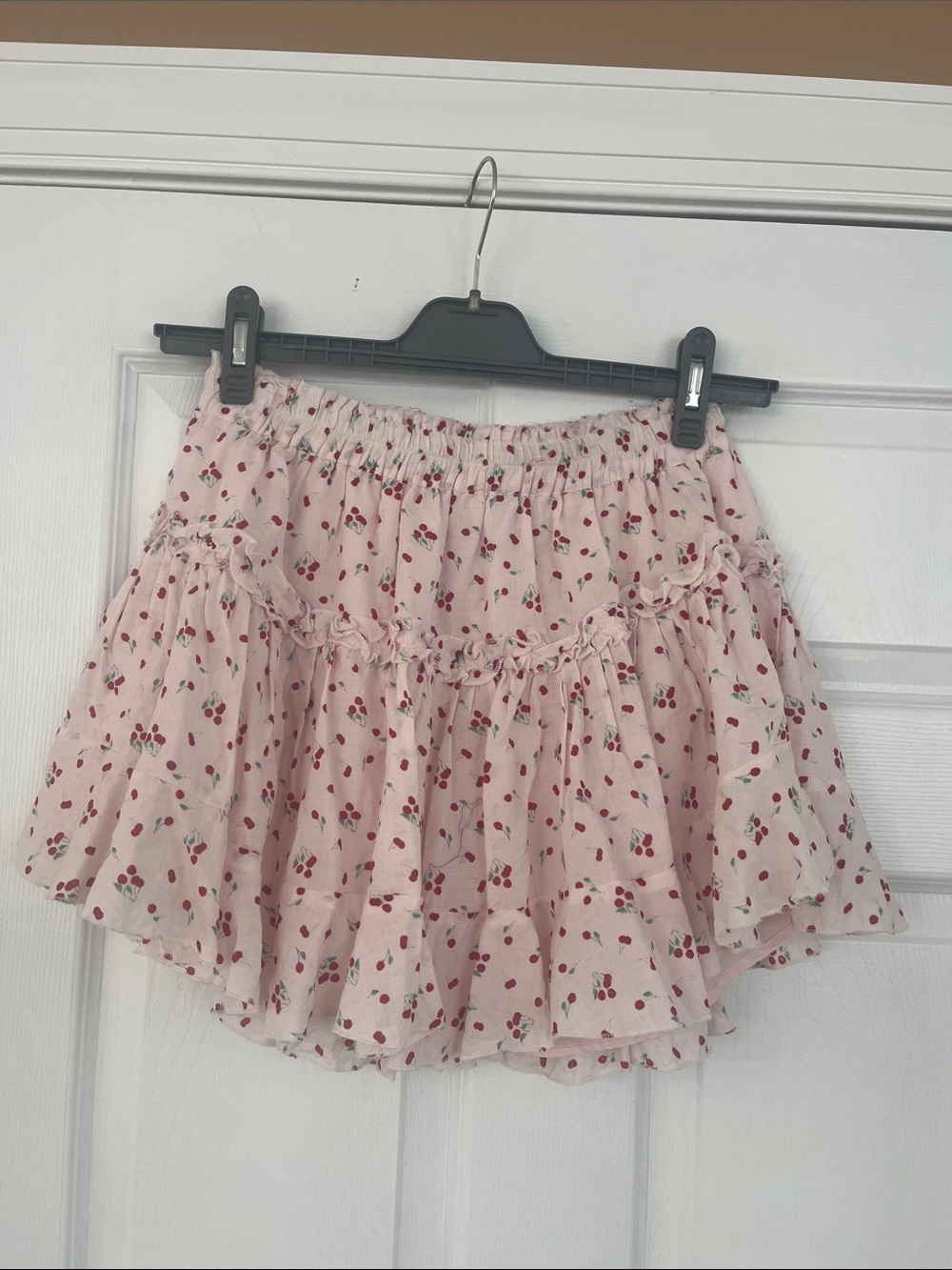 Light Pink Cherry-Print Tiered Skater Skirt